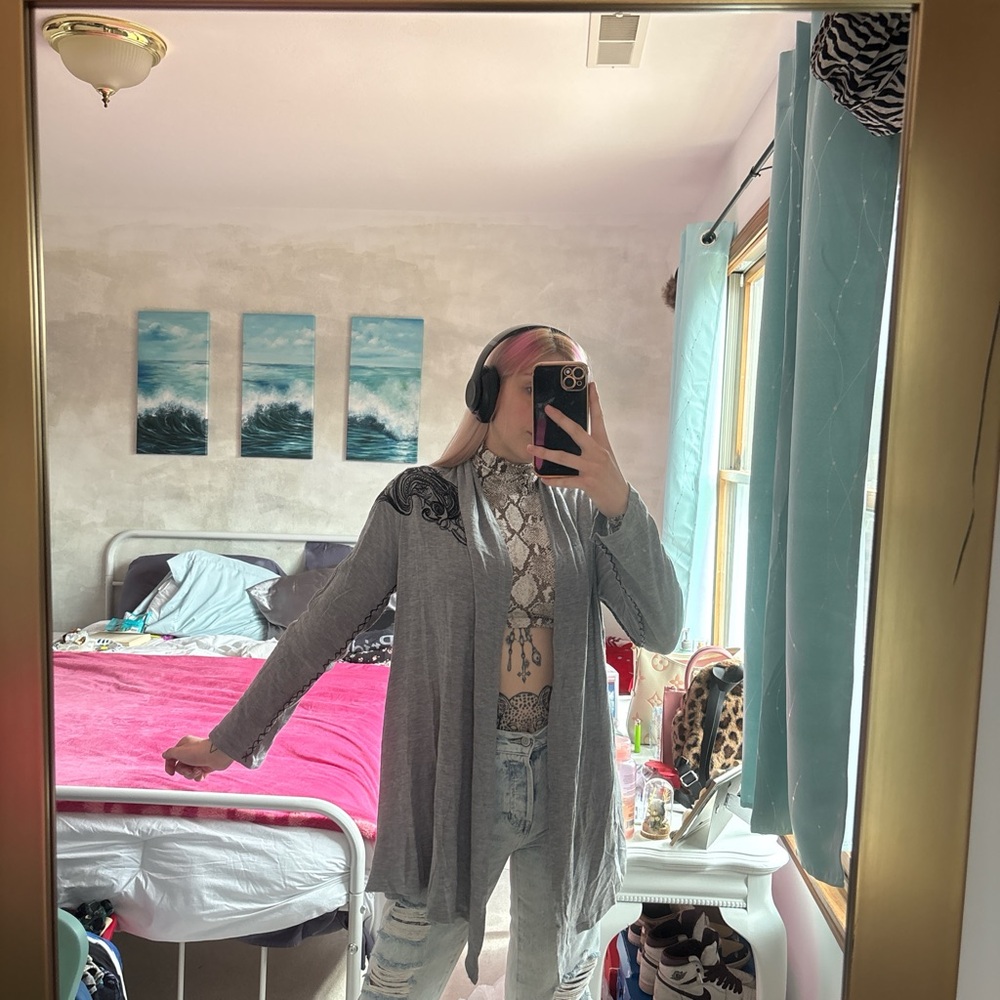 Gray Open-Front Cardigan with Black Accents